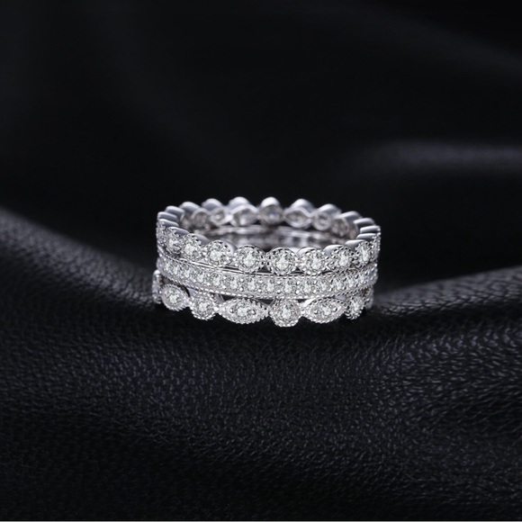 A21. 3 Pcs 2mm Women Stackable Eternity Rings 18K White Gold Plated CZ - Size 9 - Picture 2 of 4